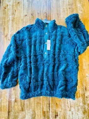 NWT Dark Teal 1/4 Snap Pullover Wave Pattern Sweatshirt With Pockets